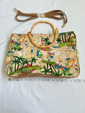 Tropical Print Bamboo Handle Tote Bag Sequins